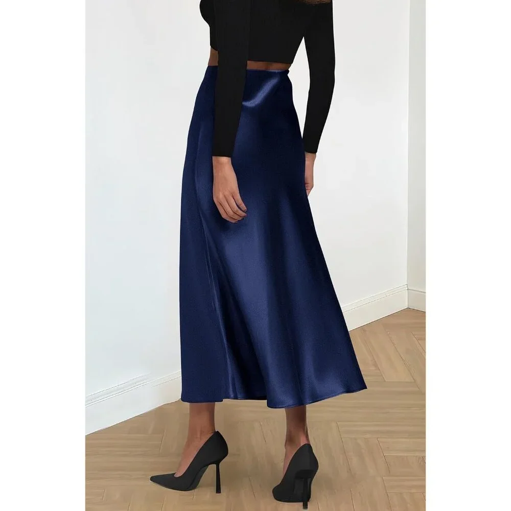 Women's Navy Blue High Waisted Cocktail Satin Flowy Elegant A Line Midi Skirt - Picture 2 of 6